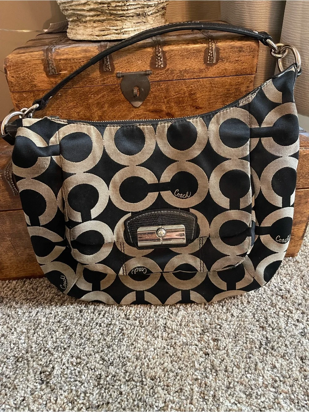 Vintage Coach Black and Tan Signature Circle-Print Hobo with silver lock clasp